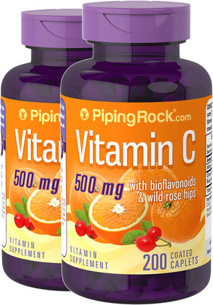 Vitamin C 500 mg w/ Bioflavonoids Rose Hips | 2 x 200 Coated Caplets PipingRock Health Products